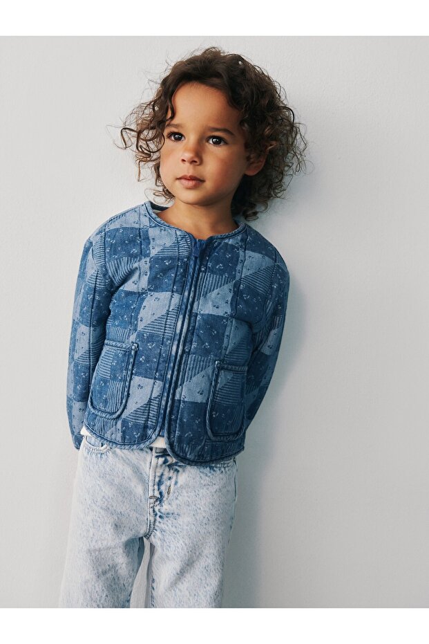 Kız Bebek Lacivert Kapitone Patchwork Denim Ceket - 2