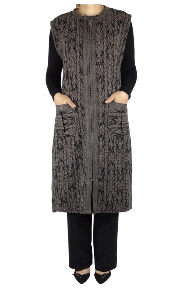 Thick Winter Vest with Front Zipper and Patterned Pockets - 2