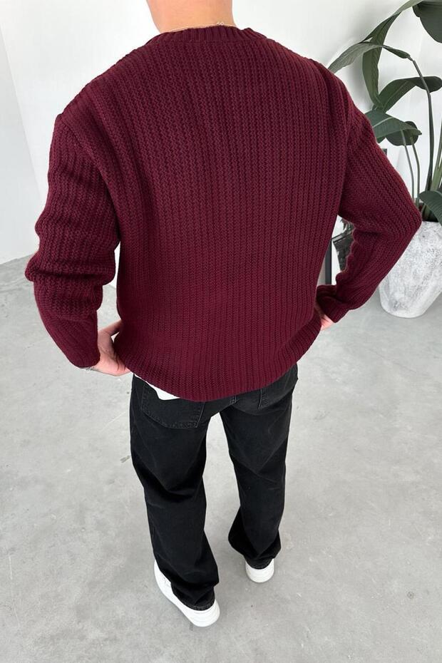 Bordo Örme Desen Relaxed Triko Kazak - 4