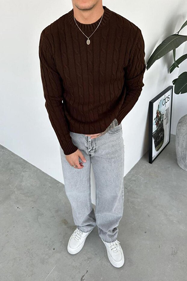 Brown Knitted Pattern Relaxed Knitwear Sweater