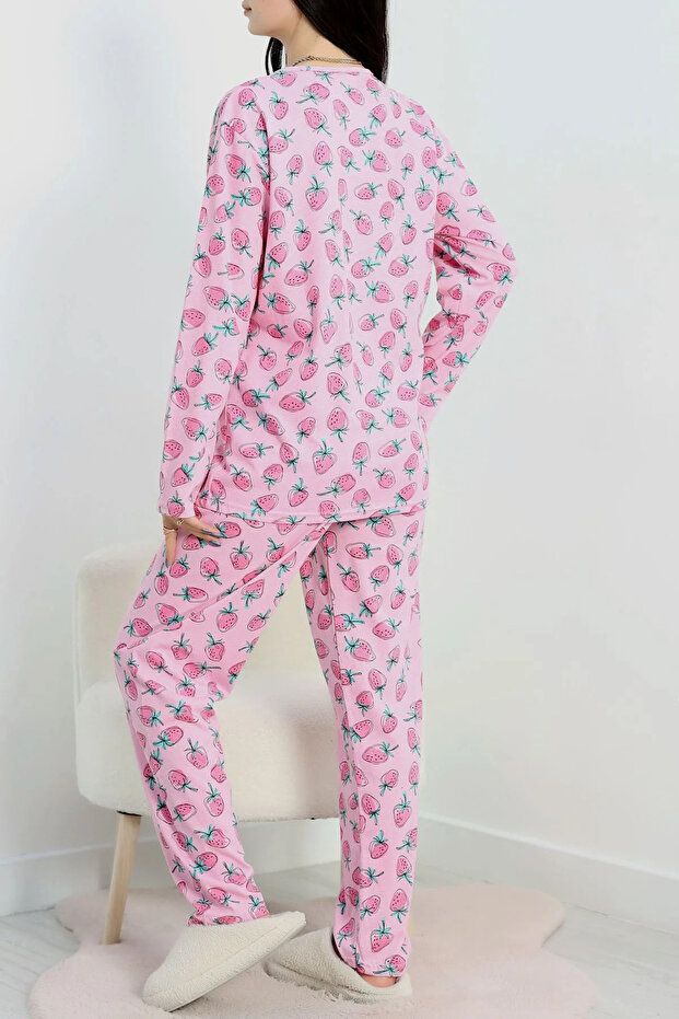 Çilek Desenli Pembe Pijama Takımı - 6