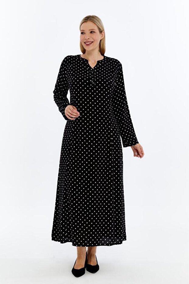 Black Polka Dot Long Sleeve Viscose Fabric Mother Dress