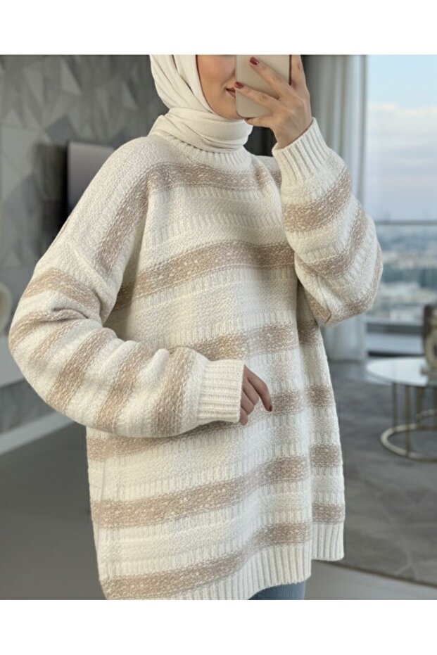 سترة تريكو منسوجة بنمط خطوط سميكة - أبيض - 2