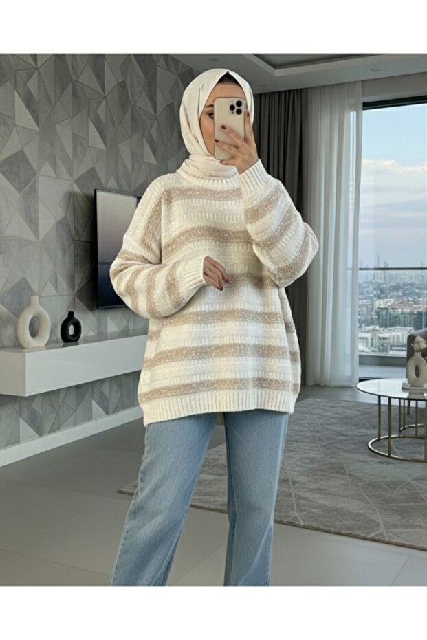 سترة تريكو منسوجة بنمط خطوط سميكة - أبيض - 1