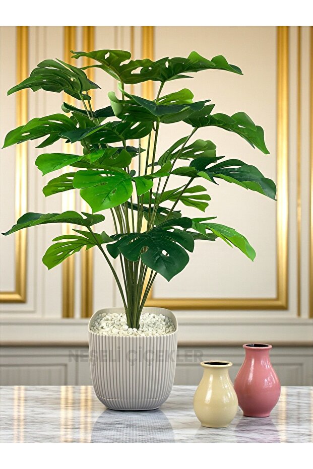 Öğretmenler Günü Hediyesi Yapay Ağaç Monstera Deve Tabanı Bitkisi 24 Yaprak 80 cm Plastik Saksıda - 1