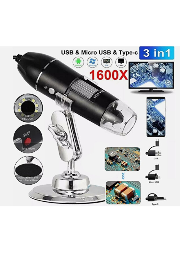 High Definition 8 LED USB Microscope with 1600x Magnification, Digital Magnifier, Endoscope and Video Camera - 1