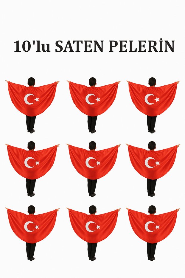 Children's Satin Unisex 10-Piece Turkish Flag Cape, April 23-May 19-October 29 School Show Costume