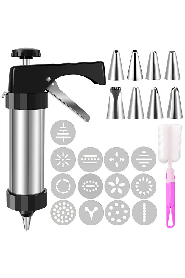 Black Cookie Press Stainless Steel Cookie Maker Machine With 13 Discs And 8 Icing Tips Cleaning Brus