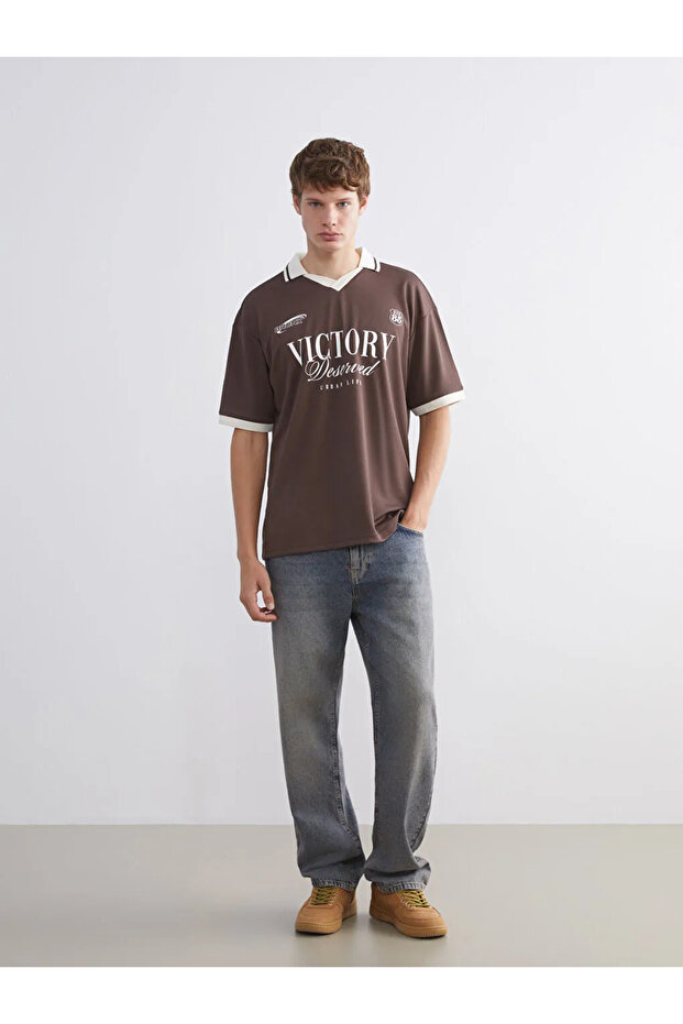 Xside Brown Polo Neck Printed Men's T-Shirt