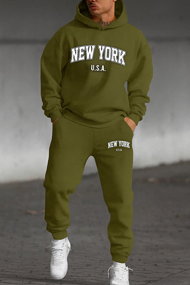 New York U.S.A. Printed Men's Tracksuit Set Hooded Sweatshirt and Jogger Pants