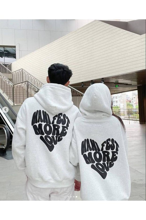Unisex Hooded Sweatshirt 3 Thread Relaxed Fit Kangaroo Pocket Manifest More Love Heart Printed
