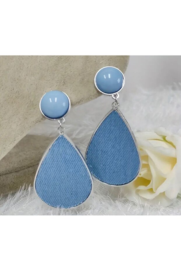 Denim (Jeans) Drop Clip Earrings – Blue Dangle, Silver Tone Framed
