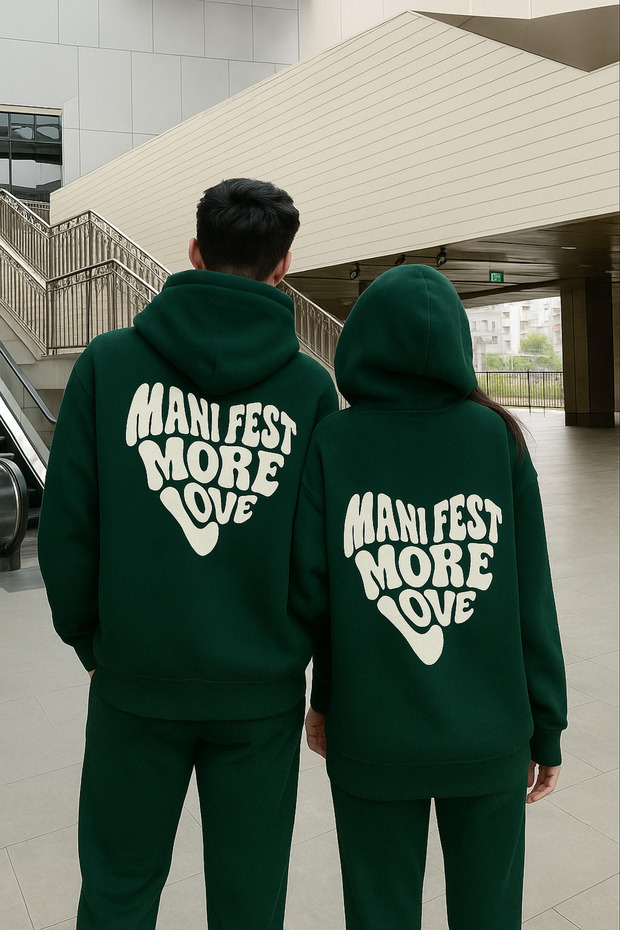 Unisex Hooded Sweatshirt 3 Thread Relaxed Fit Kangaroo Pocket Manifest More Love Heart Printed