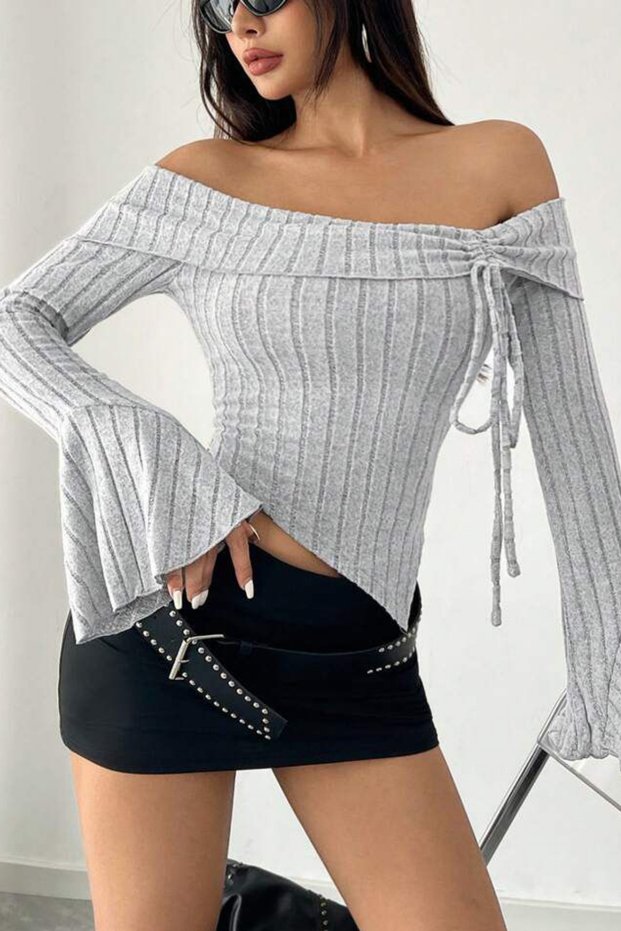 Women's Gray Madonna Collar Tie Detail Spanish Sleeve Ribbed Blouse