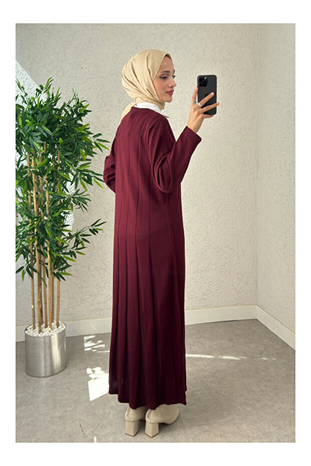 Piliseli Şeritli Triko Elbise - Bordo - 5