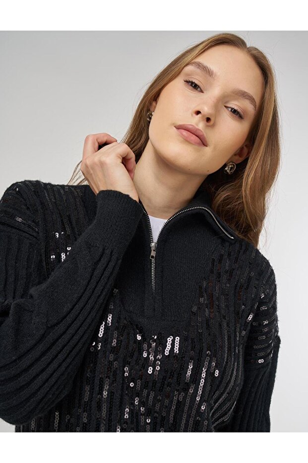 Payet İşlemeli Viskon Triko Tunik Siyah - 7