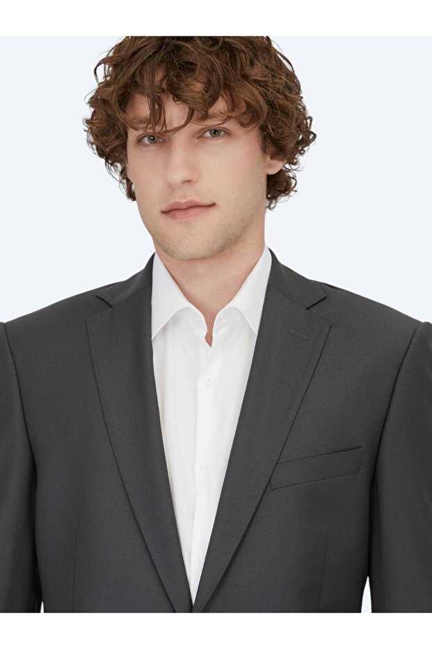 Antrasit Düz Regular Fit Yün Karışımlı Takım Elbise - 3