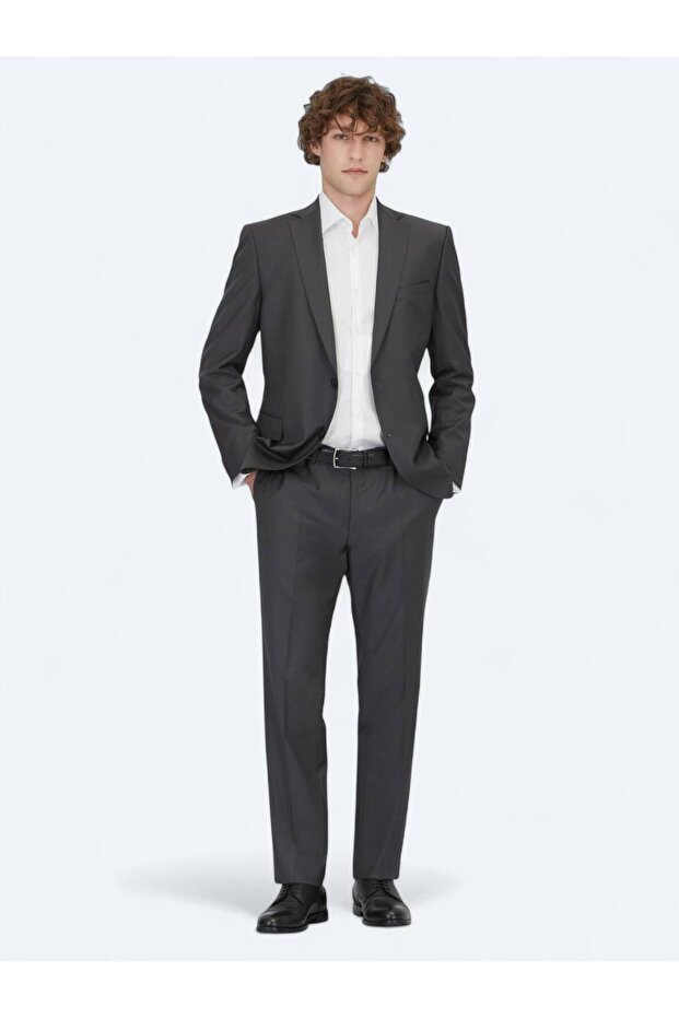 Antrasit Düz Regular Fit Yün Karışımlı Takım Elbise - 1