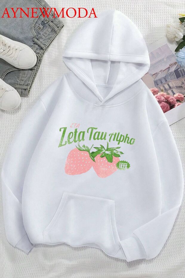 White Oversize Hooded Sweatshirt with Strawberry Front Print