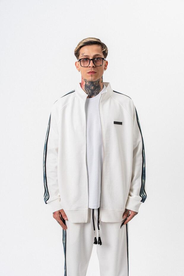 Men's Dark Striped Detail Stand Collar Doubleface Zip Oversize Sweatshirt Ecru