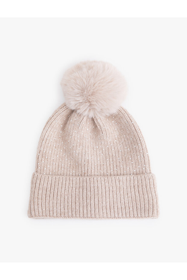 Glittery Layered Knitted Beanie with Pompom Detail