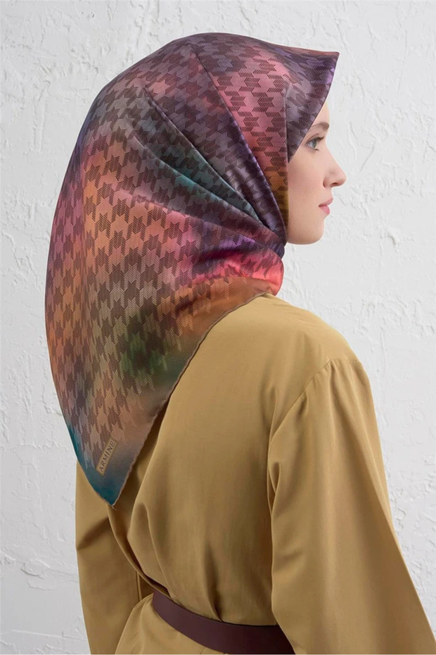 Geçişli Kazayağı Desen Saf İpek Sura Eşarp 9434D - 1