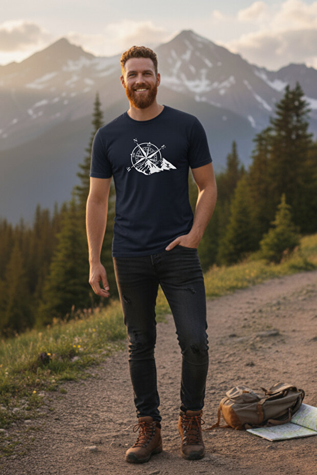 Navy Blue Color Basic Travel Compass Printed Men's T-Shirt