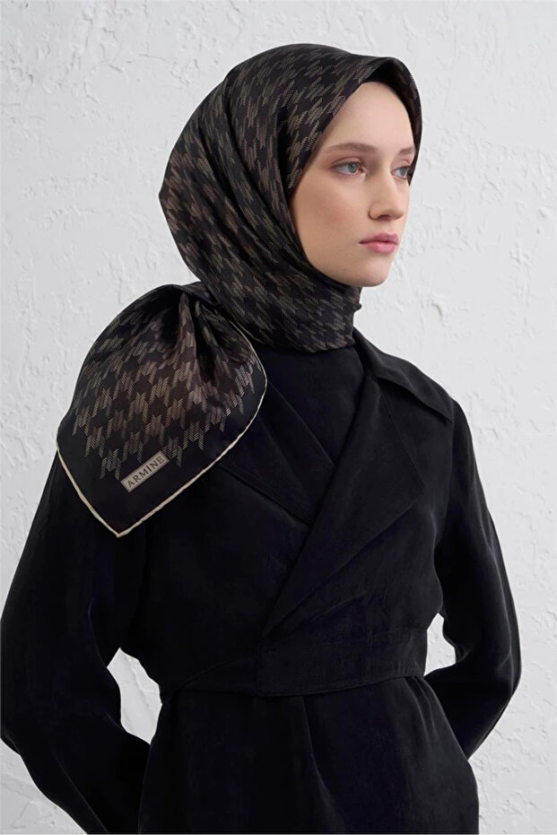 Geçişli Kazayağı Desen Saf İpek Sura Eşarp 9434D - 2