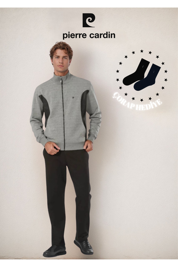 Men's Clothing Stand Collar Zippered & Boxed Gray Tracksuit Set Ol.Pc.7000.001