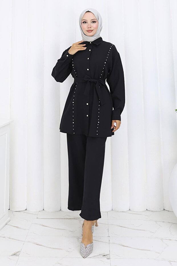 Pearl Belted Double Suit Black 19265