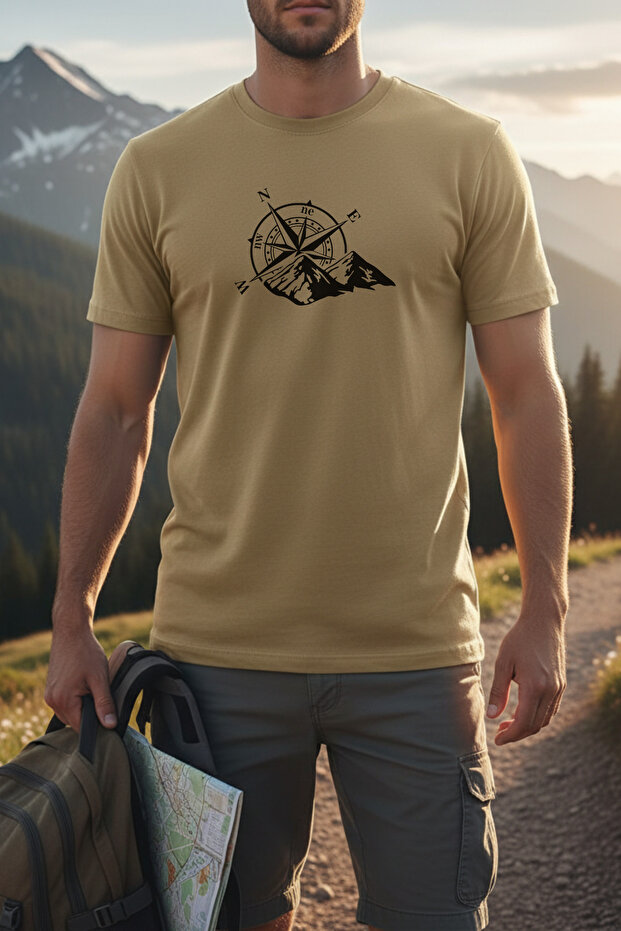 Navy Blue Color Basic Travel Compass Printed Men's T-Shirt