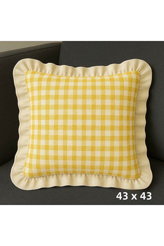 Ruffle Detailed Throw Pillow Cover Made of Gingham Zefir Fabric 43X43 cm Yellow-White