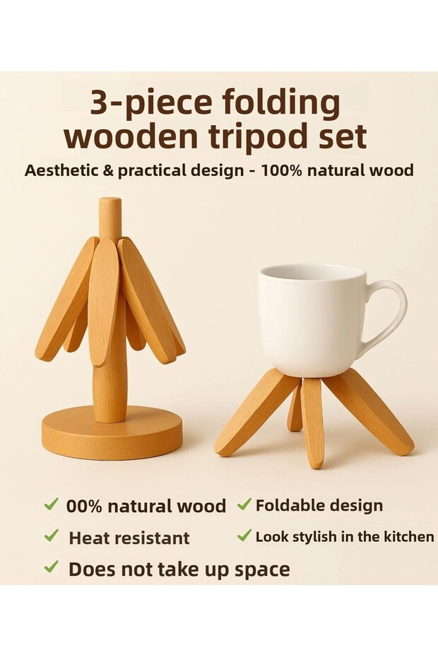 3-Piece Bamboo Trivet Set with Stand, Heat-Resistant Coasters and Folding Trivets for under Pots and Pans