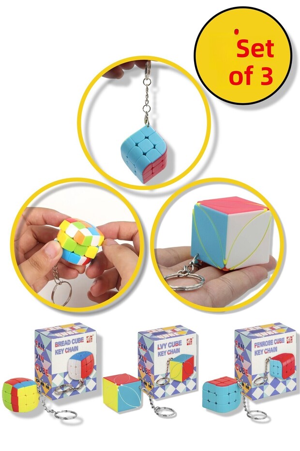 Set of 3 Rubik's Mind Cube Keychain Mini Intelligence Cubes Fast Rotating Durable Toy - 1