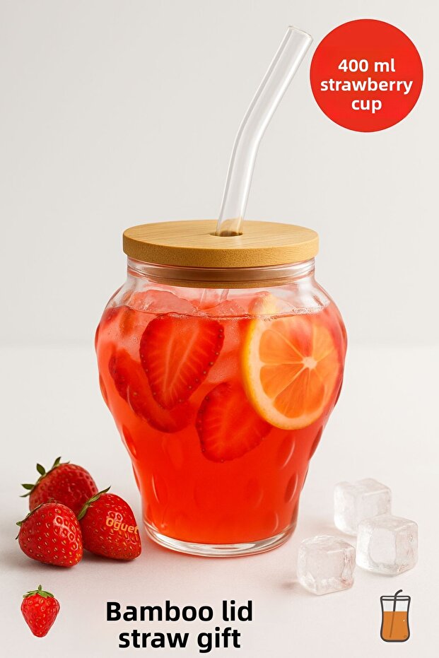 4 Pieces Strawberry Patterned 400 ml Borosilicate Glass Cups – with Bamboo Lid, Glass Straw as a Gift - 4
