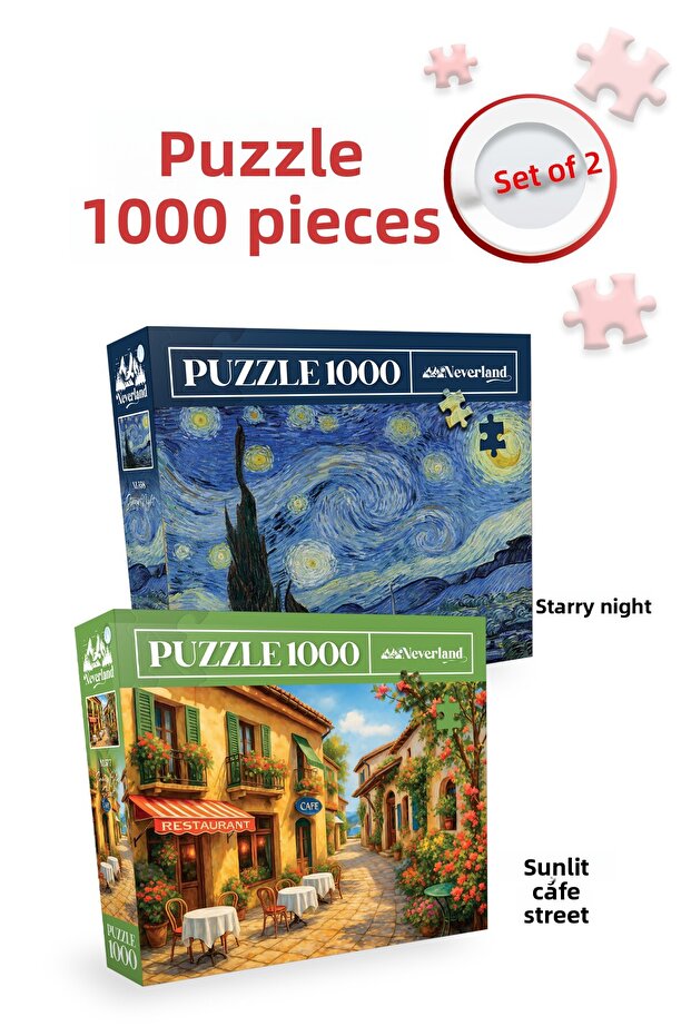 2 Pcs 1000 Piece Puzzle - Starry Night and Sunny Cafe Street