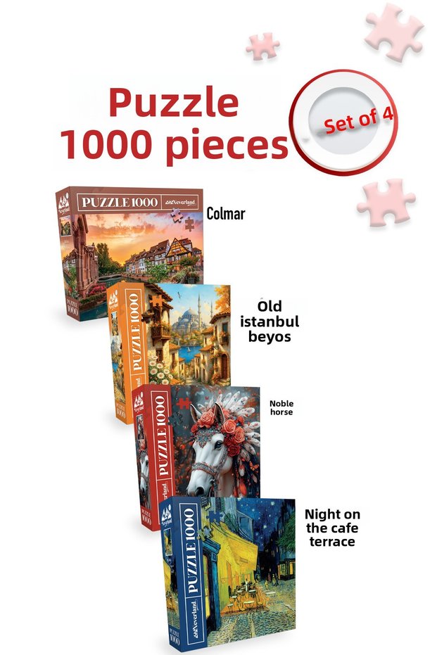 4 Pcs 1000 Piece Puzzle - Kafe Terasta Night and Nice Horse and Old Istanbul Street and Colmar