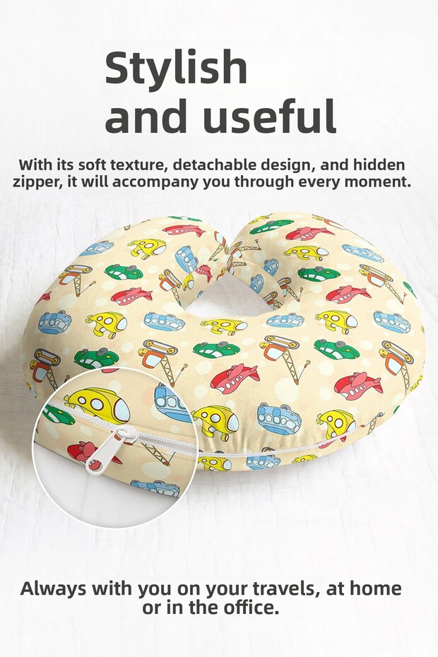 Colorful Vehicles Themed Neck Pillow - Yellow Kids & Adult Travel Pillow with Cute Vehicle Pattern