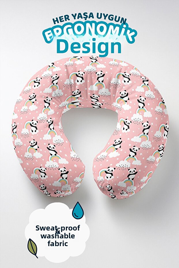 Panda Rainbow Cloudy Neck Pillow - Cute Pink Pastel Kids & Adult Travel Pillow
