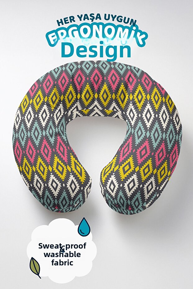 Ethnic Patterned Cotton Neck Pillow - Colorful Geometric Modern Adult Travel Pillow