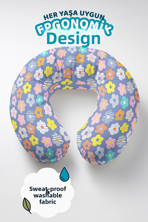 Colorful Floral Pattern Ergonomic Neck Pillow - Pastel Purple Yellow Pink Soft Travel Pillow