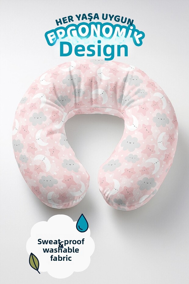 Moon Star Cloud Pattern Neck Pillow - Cute Pink Gray Kids & Adult Travel Pillow