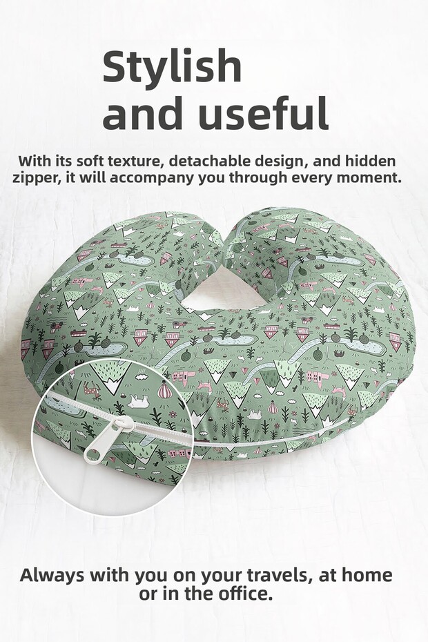 Nature Themed Cotton Neck Pillow - Pastel Green Mountain Houses Patterned Travel Pillow