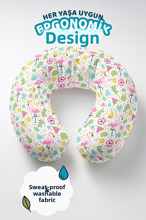 Tropical Flamingo Pattern Ergonomic Neck Pillow - Pink Yellow Travel Pillow with Colorful Flowers