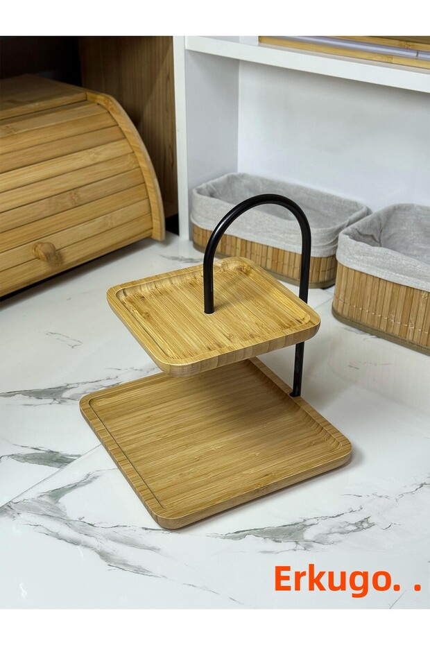 Bamboo 2-Tier Stand, Presentation Stand, Double-Tier Presentation Rack, Decorative Stand, Presentation Set Square Black - 3