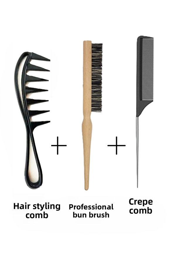 3-Piece Comb Set, Hair Styling Comb + Professional Bun Brush + Crepe Comb