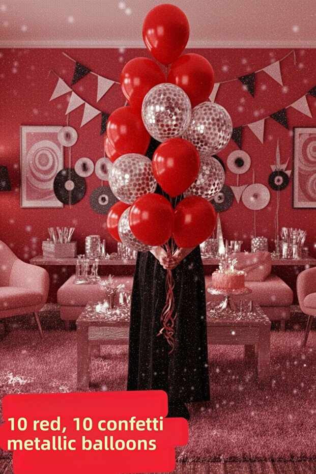 20 Pieces Balloons with Red Balloon and Silver Confetti Red Balloon Party Birthday Decoration Set
