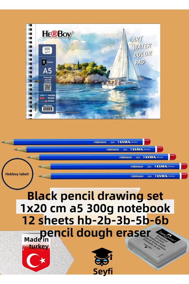 Kara Calm Drawing Set 14X20 cm A5 300 Gr Notebook 12 Sheets Hb-2B-3B-5B-6B Pencil Dough Eraser Herboy