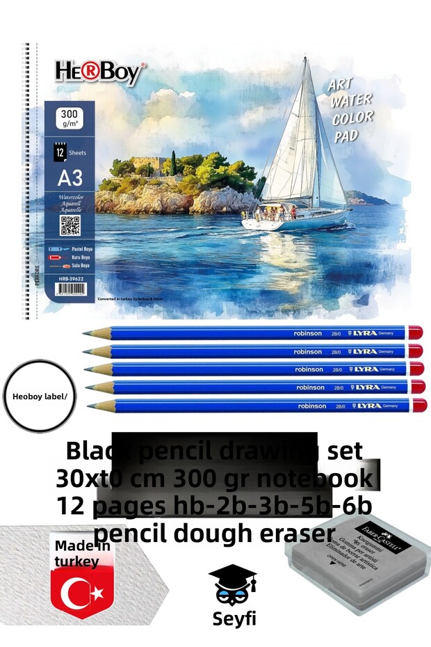Kara Calm Drawing Set 30X40 cm A3 300 Gr Notebook 12 Sheets Hb-2B-3B-5B-6B Pencil Dough Eraser Herboy
