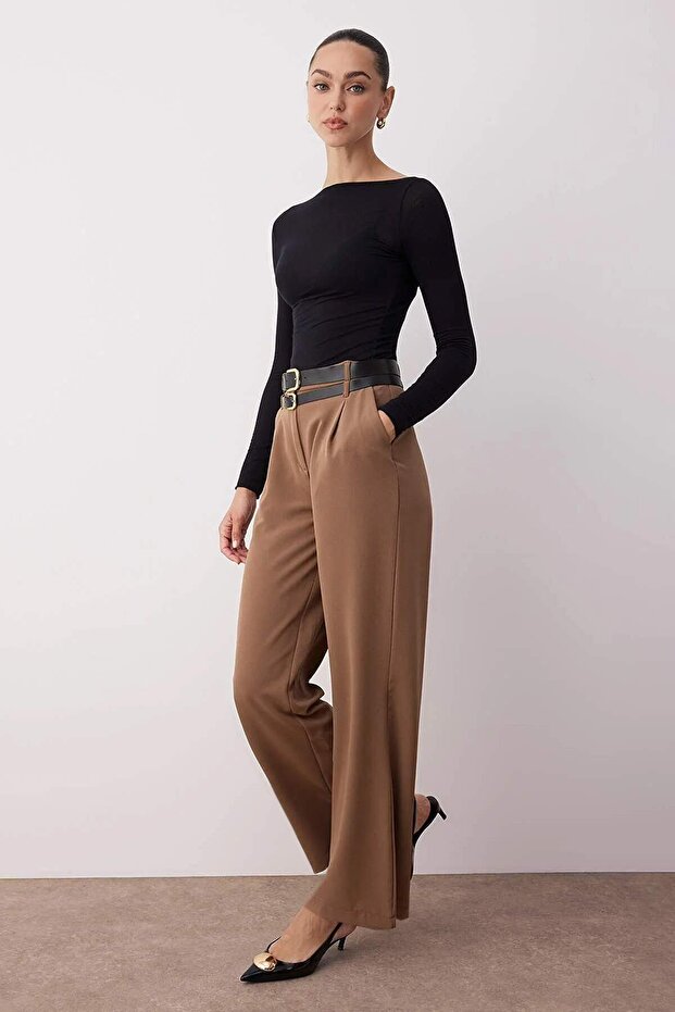 Vizon Çift Kemer Detaylı Wide Leg/Geniş Paça Pantolon TWOAW26PL00013 - 2